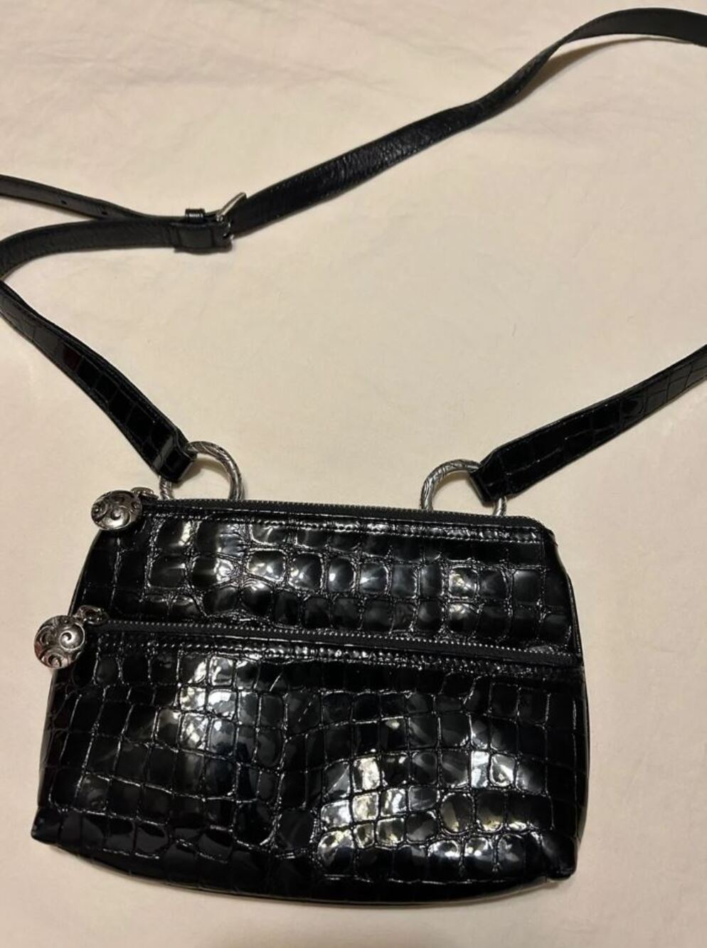 Brighton Womens Black CROC PATENT LEATHER Crossbody Bag Adjustable Strap